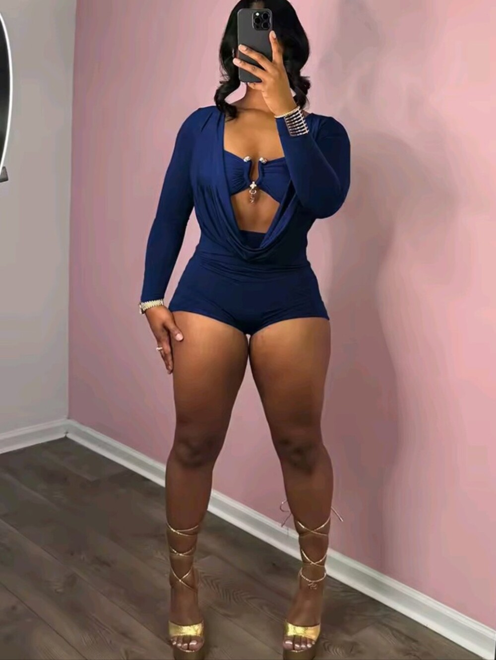 Women's Solid Metal Splice Cleavage Full Sleeve Stretch Sexy Slim Romper
